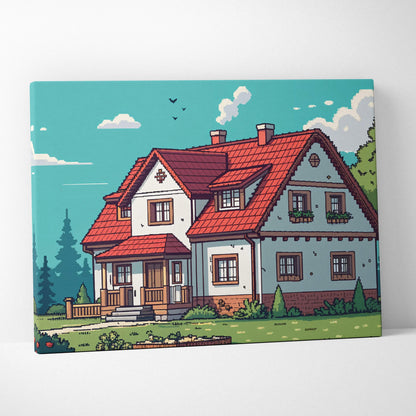 Pixel art cozy cottage canvas print with red tiled roof on lush green meadow
