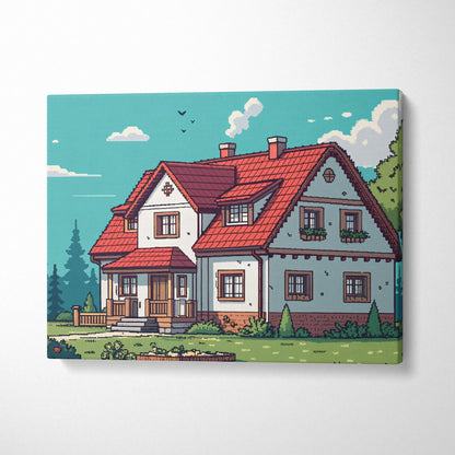 Pixel style cozy cottage with red tiled roof in lush green meadow canvas art
