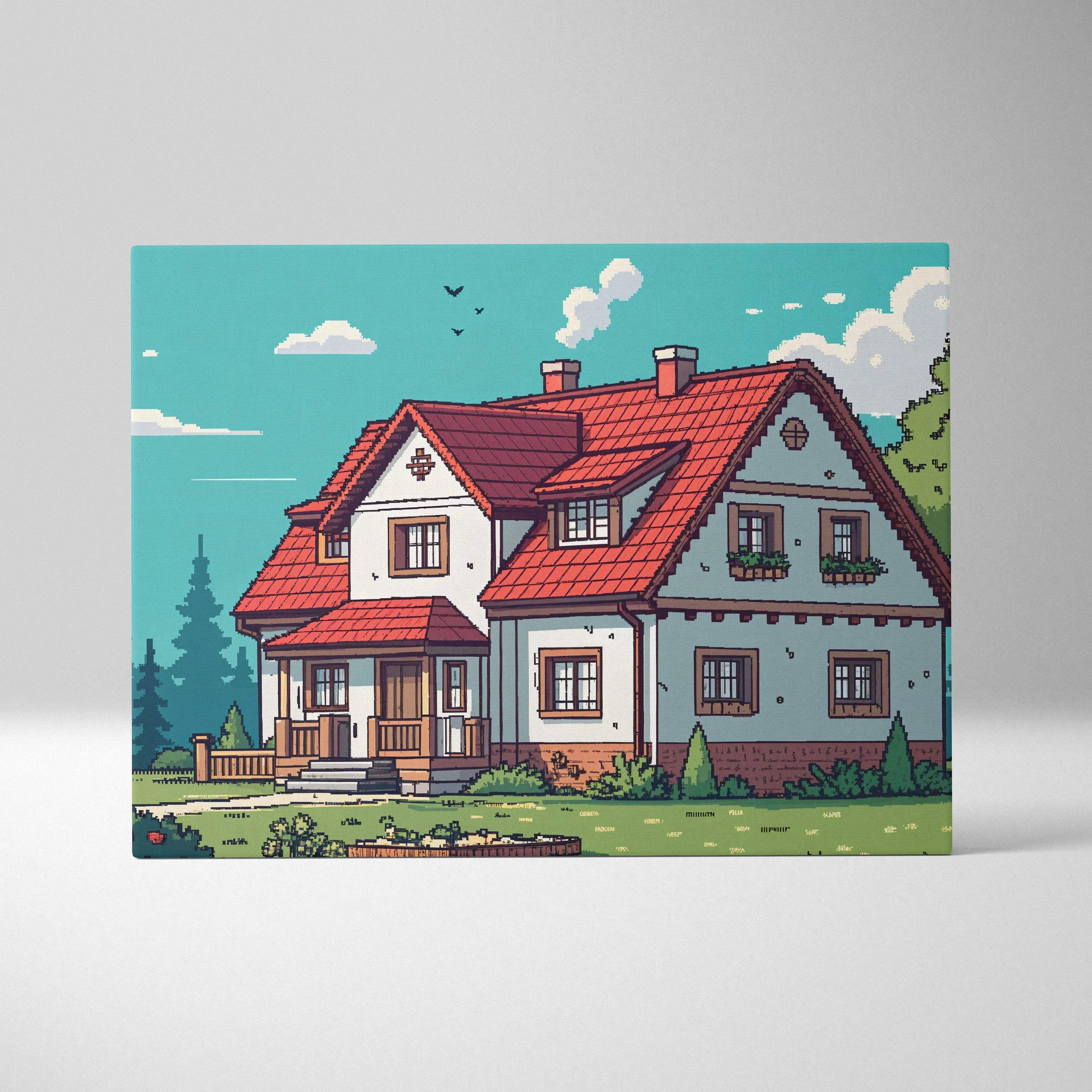 Pixel style cozy cottage with red tiled roof in lush green meadow canvas art