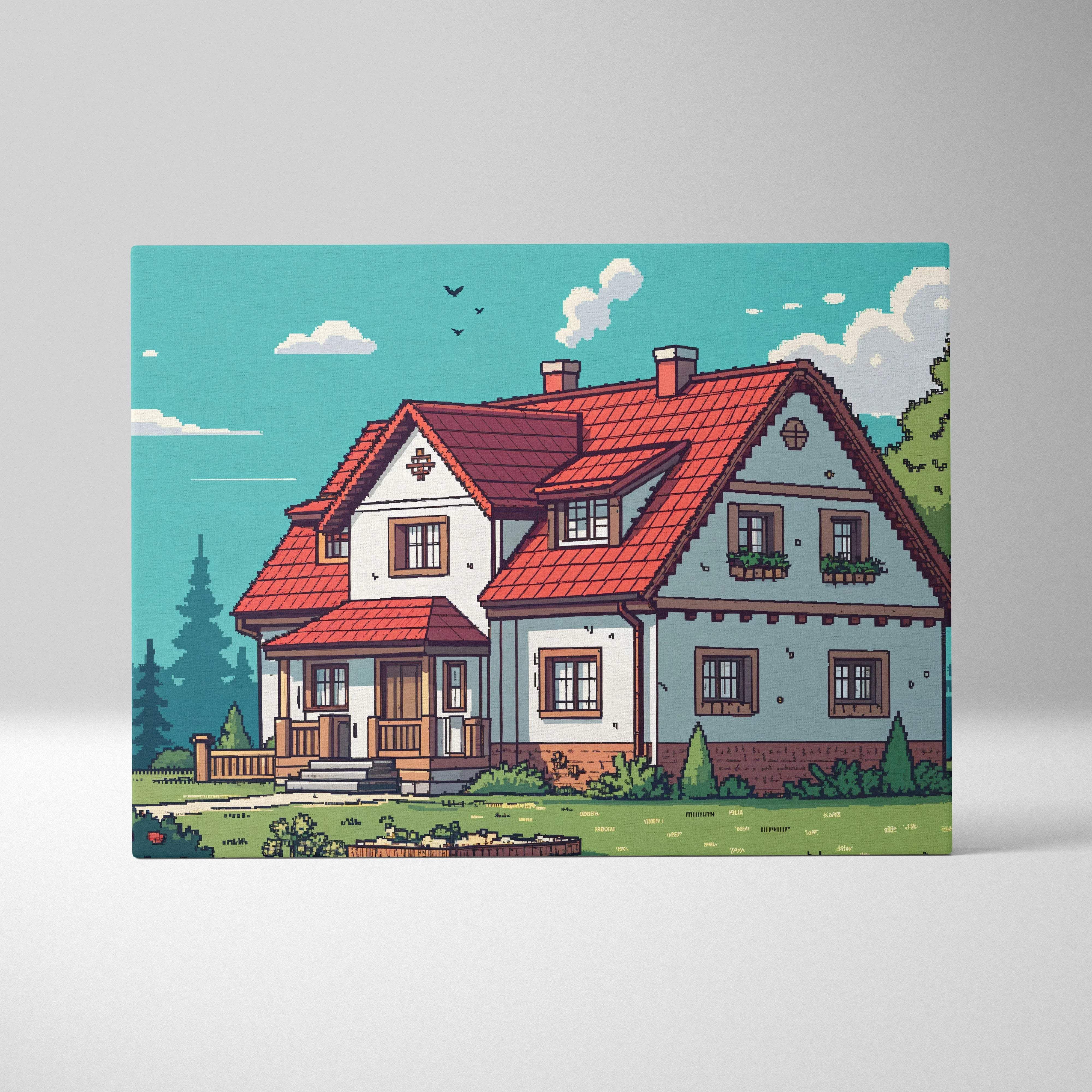 Pixel style cozy cottage with red tiled roof in lush green meadow canvas art