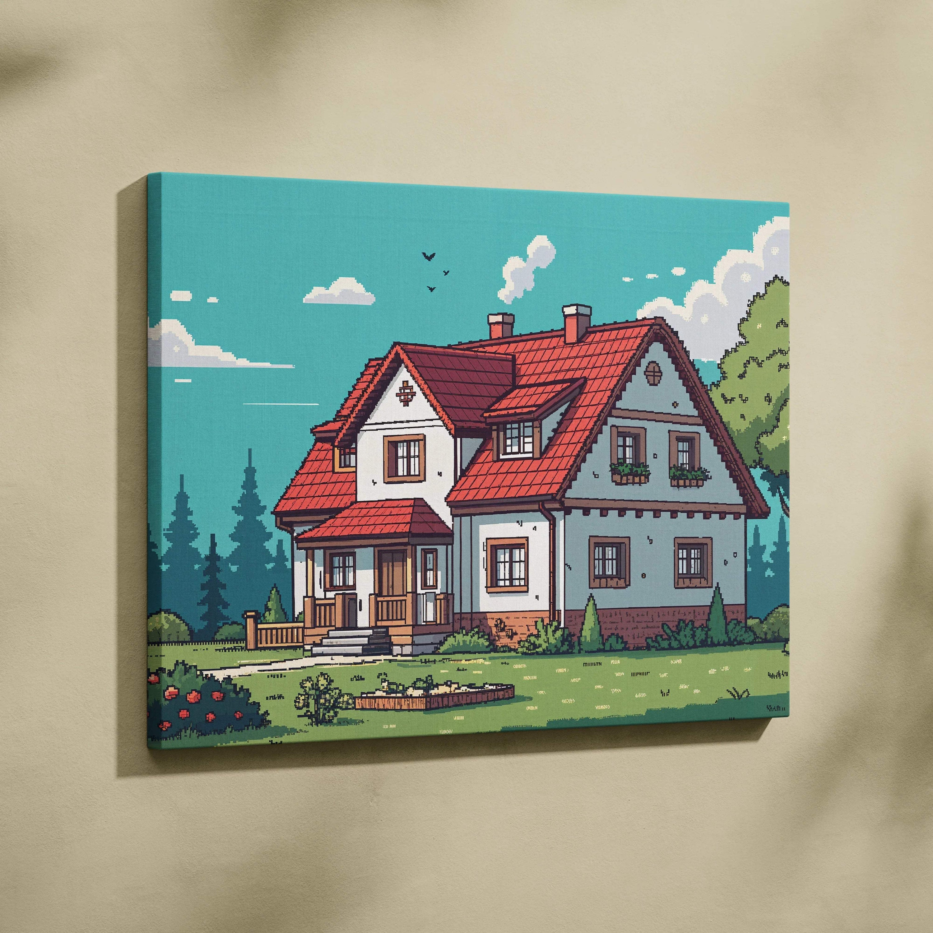 Pixel style cozy cottage with red tiled roof in lush green meadow canvas art
