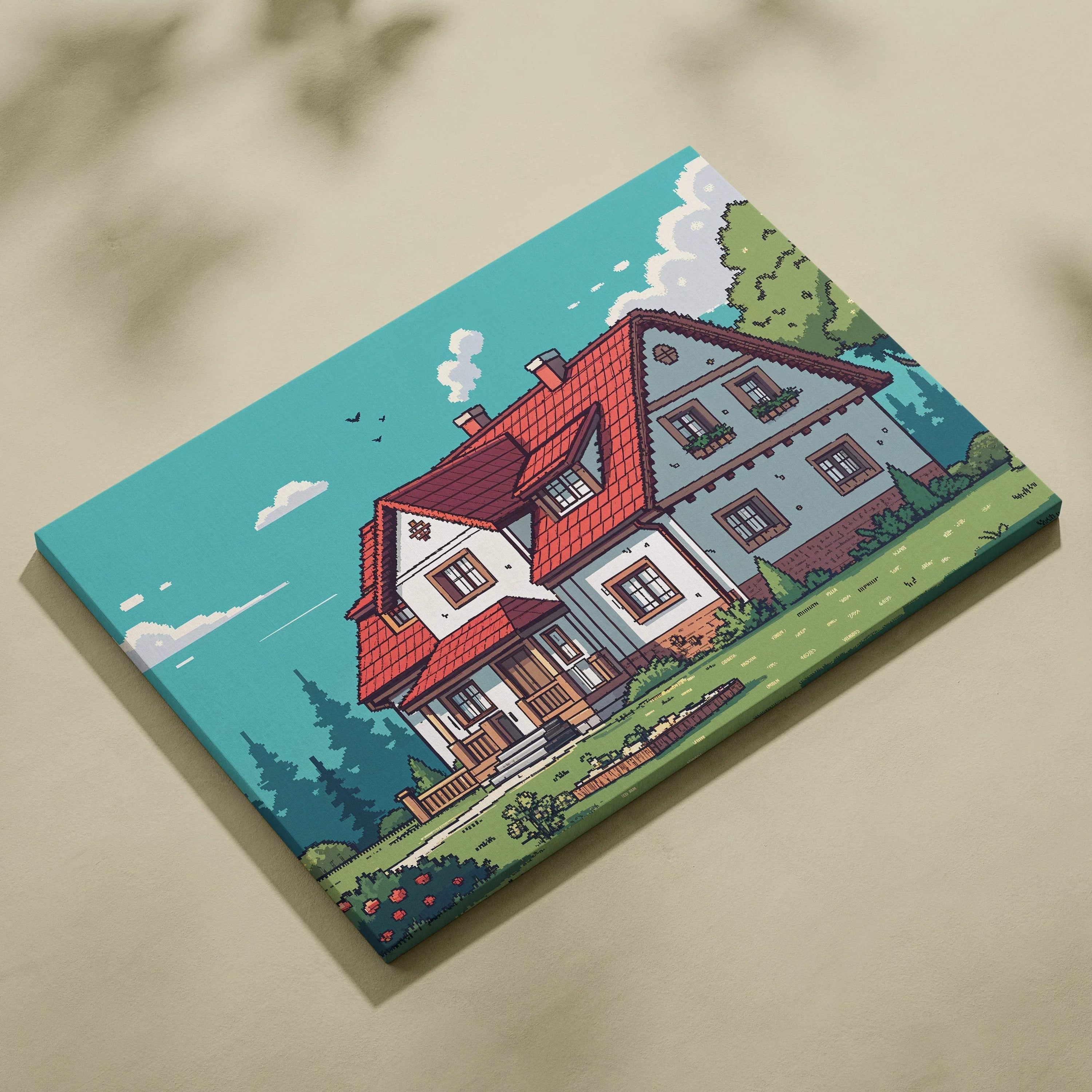 Pixel art cozy cottage with red tiled roof in lush green meadow canvas print