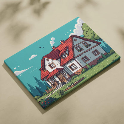 Pixel art cozy cottage with red tiled roof in lush green meadow canvas print