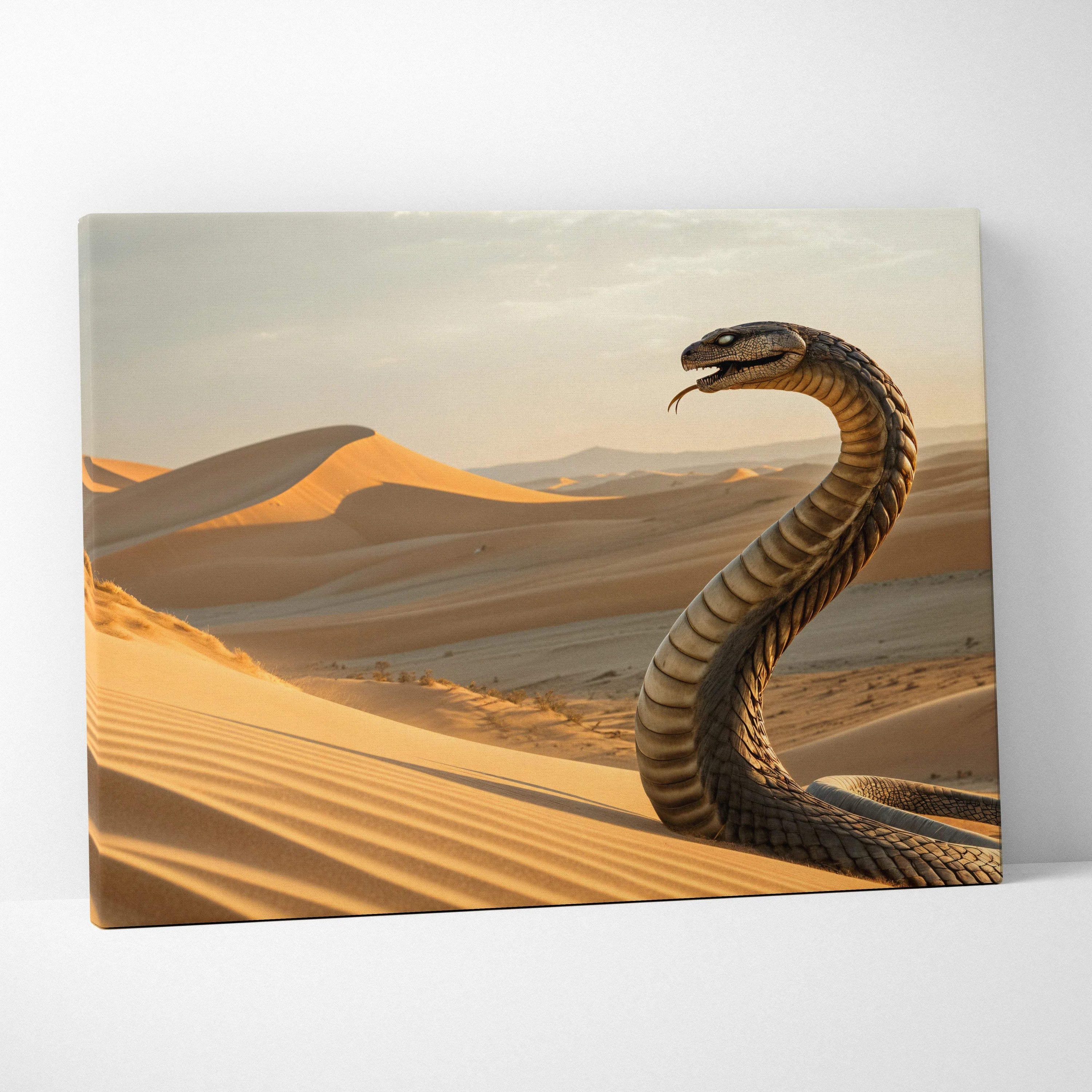 Massive coiled cobra rises from golden desert dunes at sunset canvas art