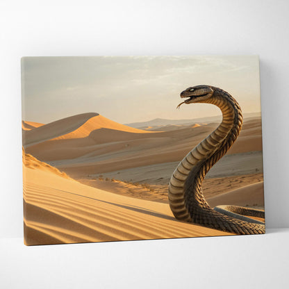 Massive coiled cobra rises from golden desert dunes at sunset canvas art