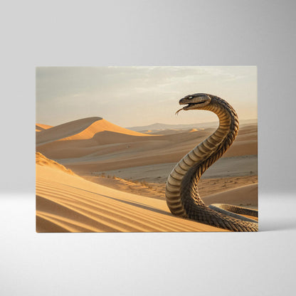 Massive coiled cobra rises from golden desert dunes at sunset canvas art