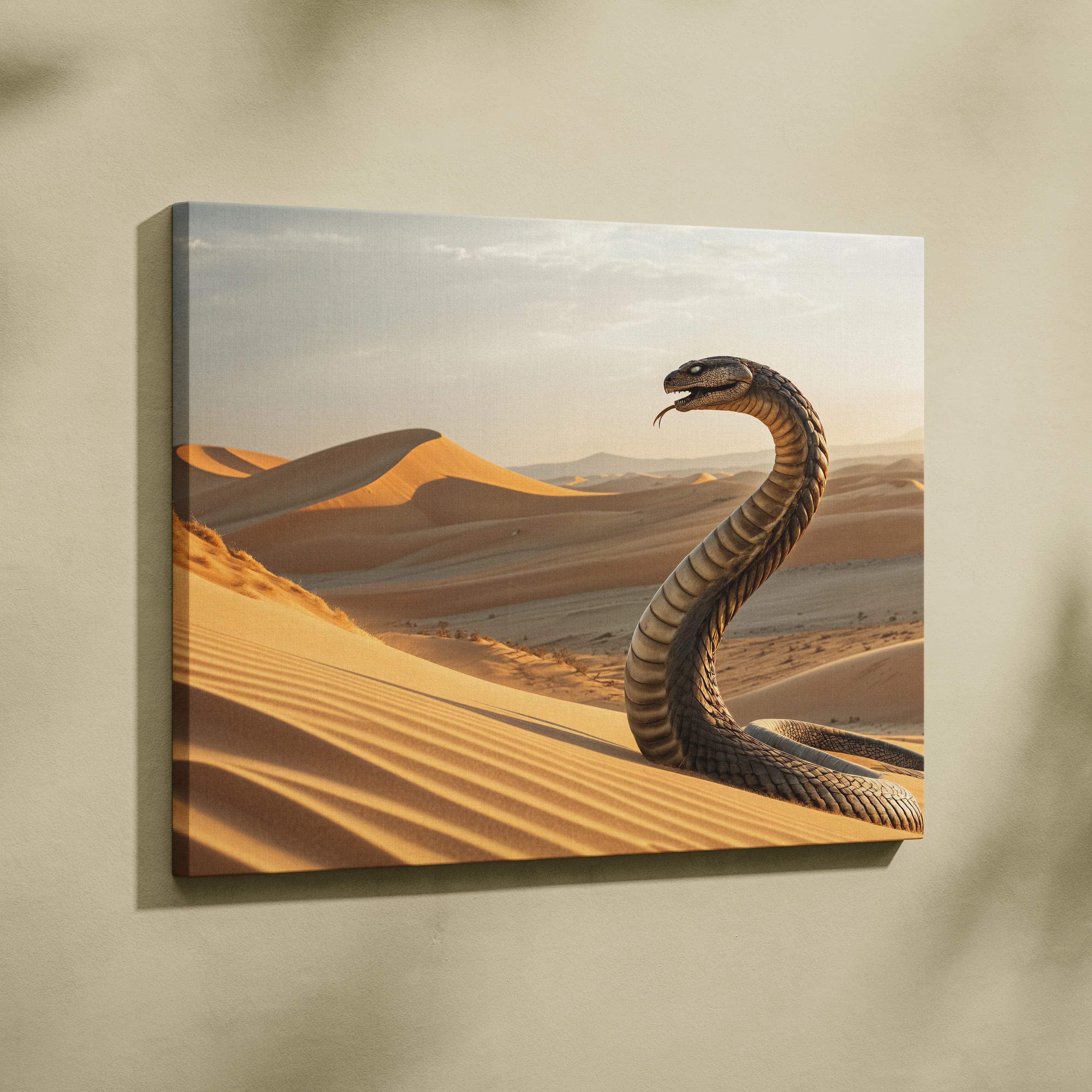 Massive serpent rises from golden desert dunes at sunset canvas art