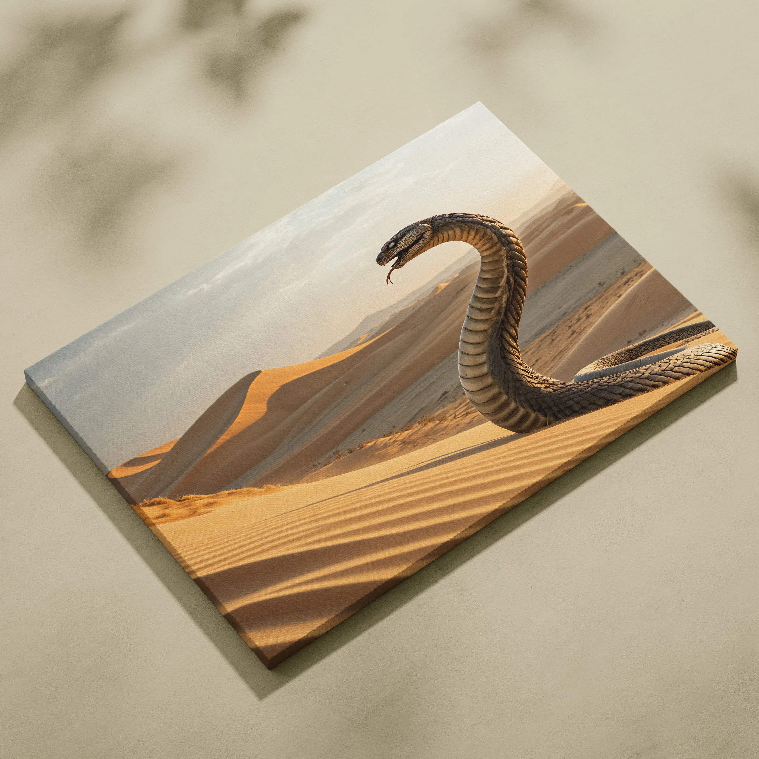Massive serpent rises from golden desert dunes at sunset canvas art