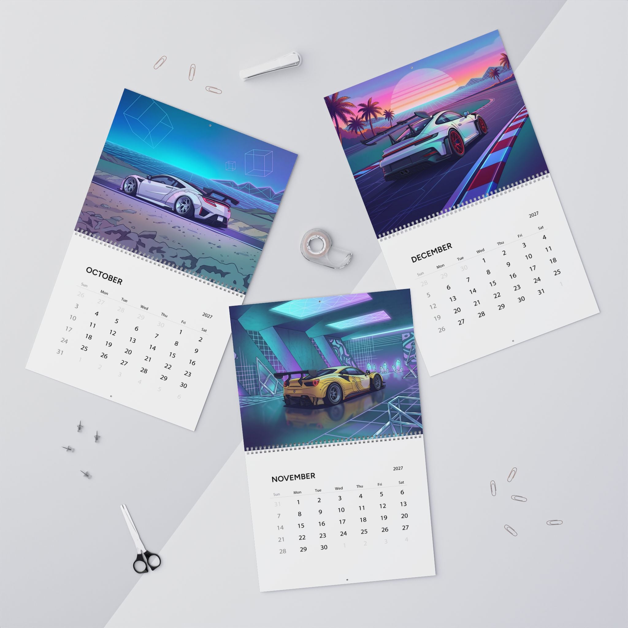 2027 Supercar Vaporwave Wall Calendar – Exotic Performance Cars & Retro Neon Artwork Collection