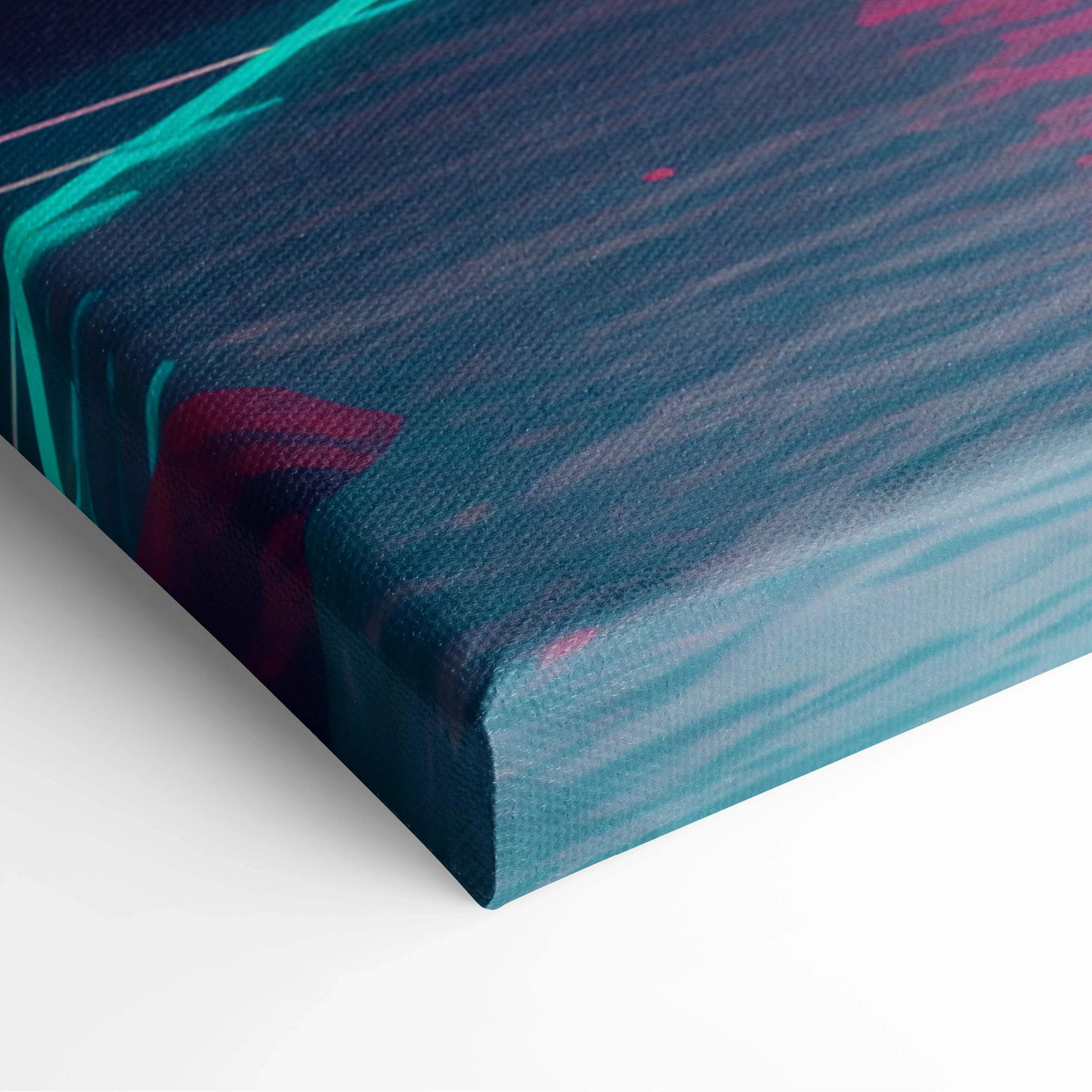Retro futuristic vaporwave cityscape canvas art with teal brushstrokes