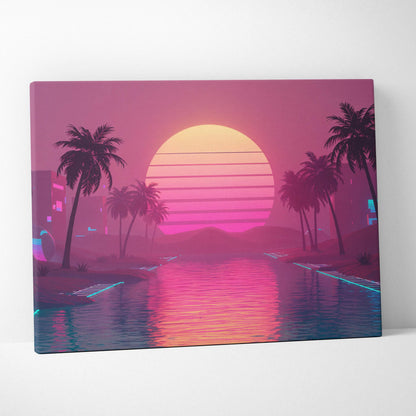 Retro futuristic vaporwave cityscape canvas with neon palm trees and sunset