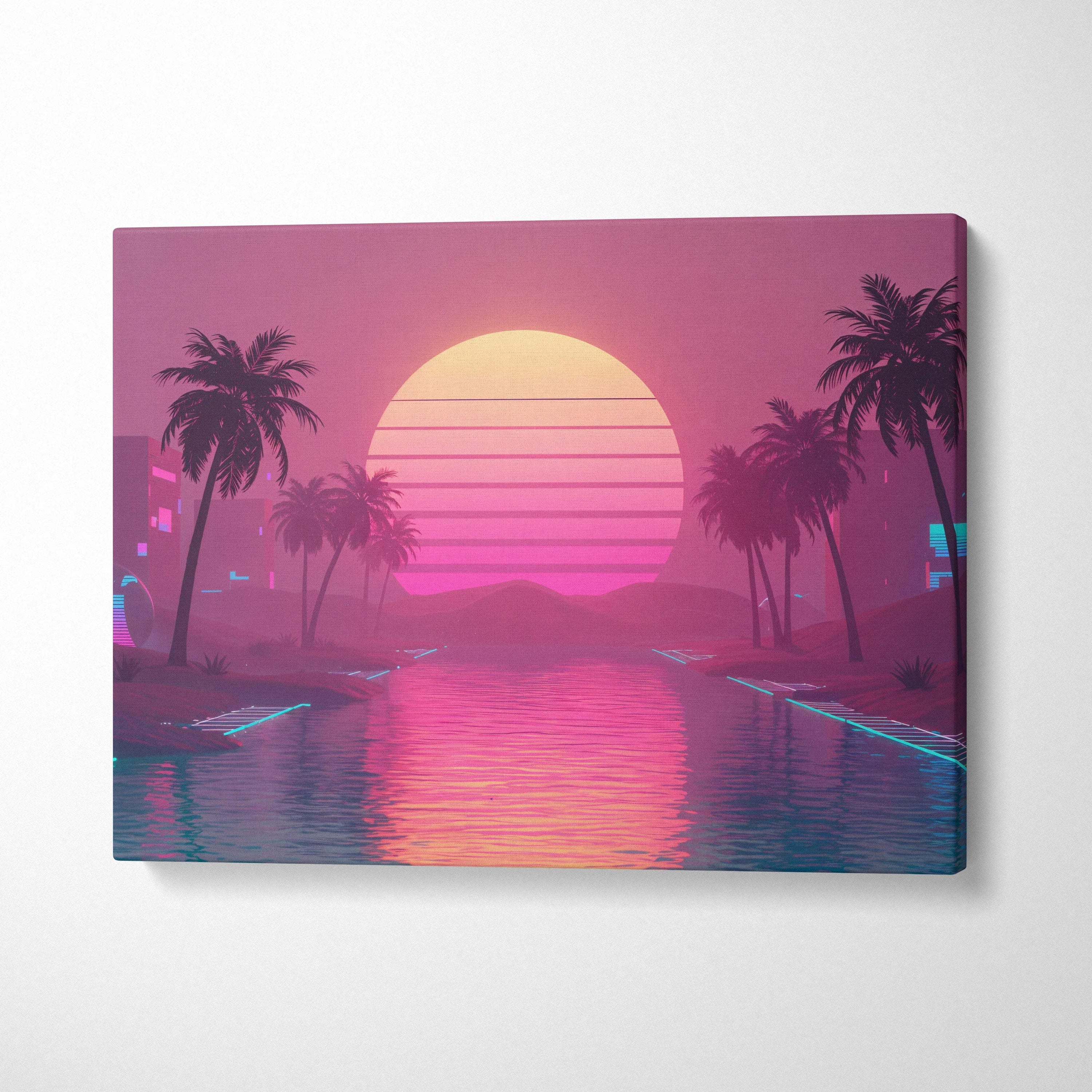 Retro futuristic vaporwave cityscape canvas art with neon palm trees and sunset over water