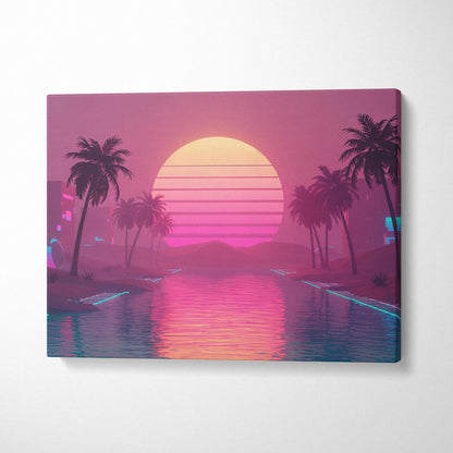 Retro futuristic vaporwave cityscape canvas art with neon palm trees and sunset over water