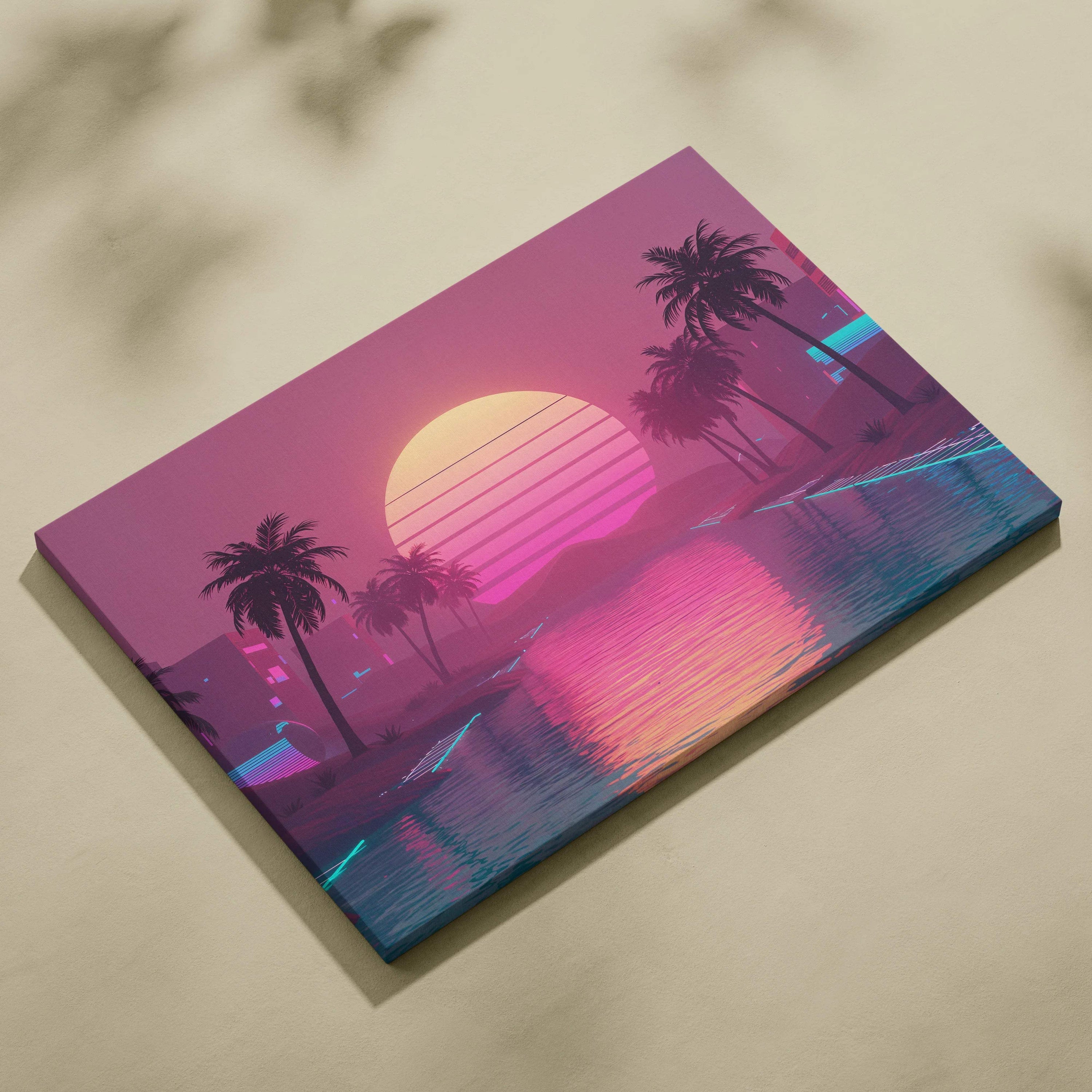 Retro futuristic vaporwave cityscape canvas with neon palm trees and sunset