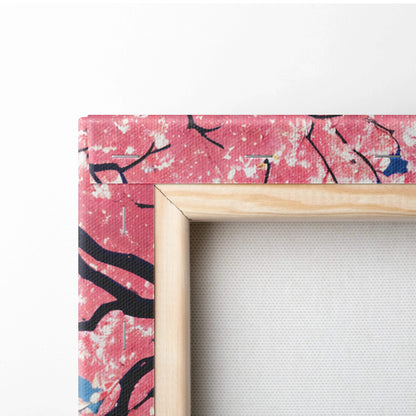 Vibrant pink abstract splatter canvas art with cherry blossom Mt Fuji scene