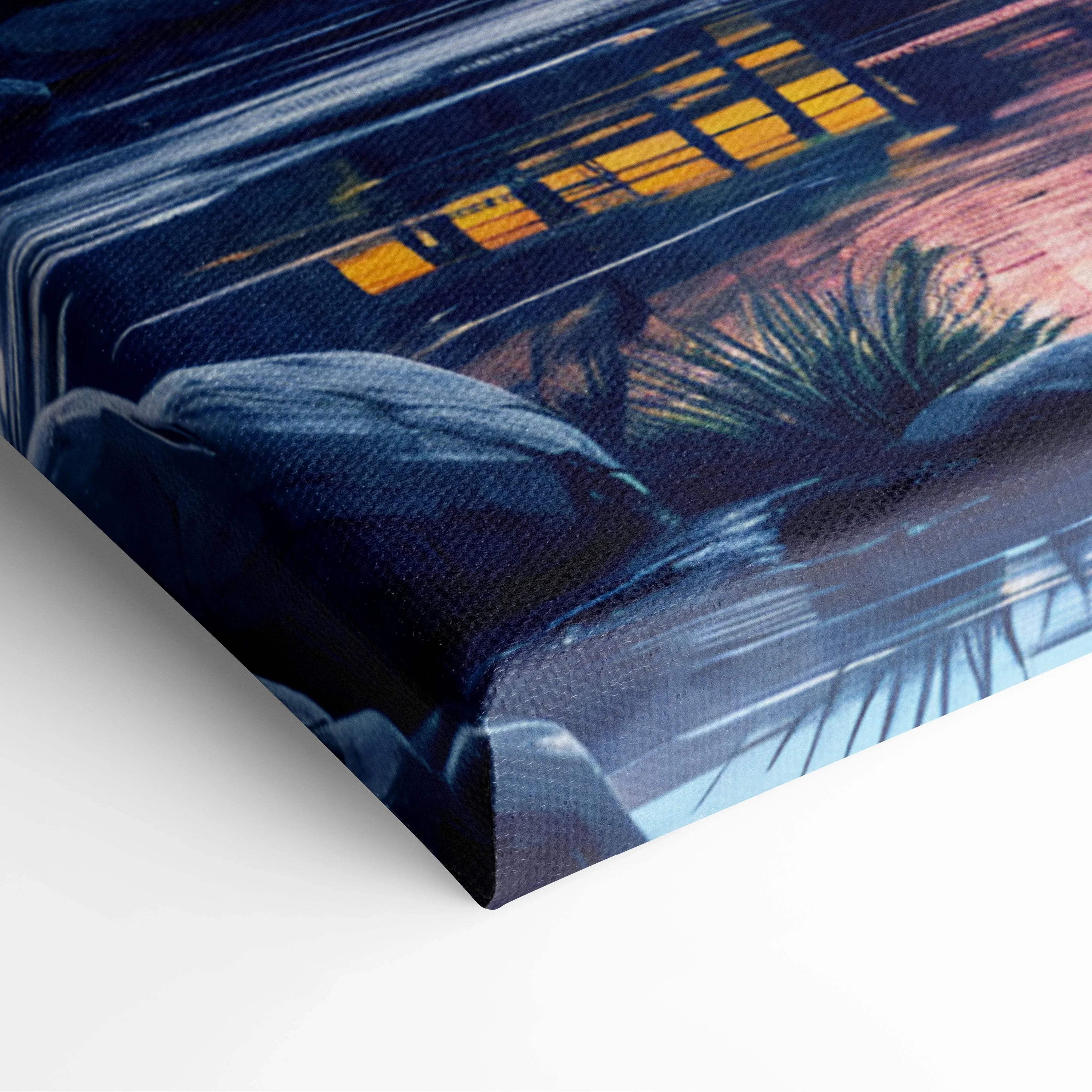 Nighttime coastal canvas print with warm lights, palm fronds, rocks