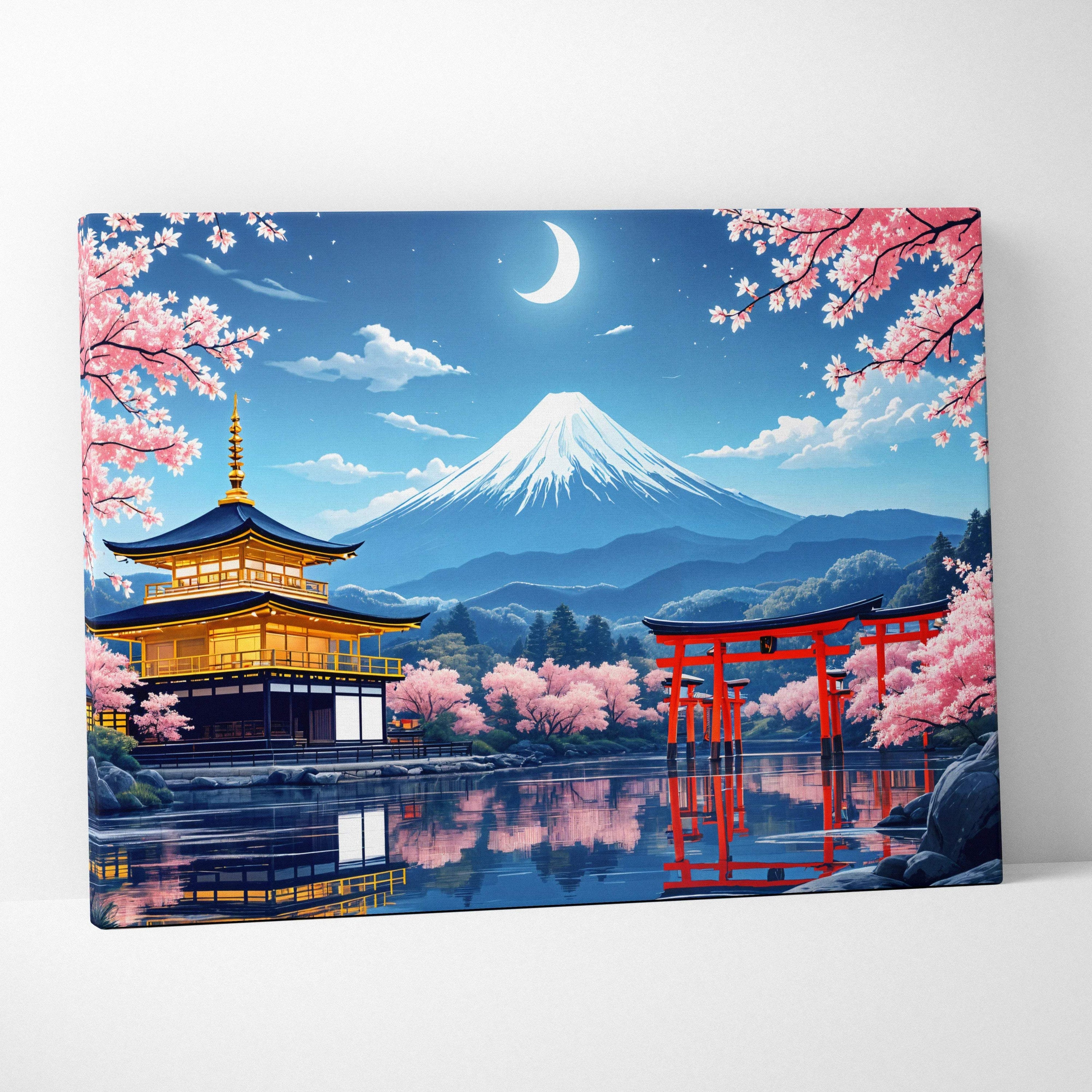 Visionary Mount Fuji pagoda, red torii, cherry blossoms in moonlit reflection canvas art