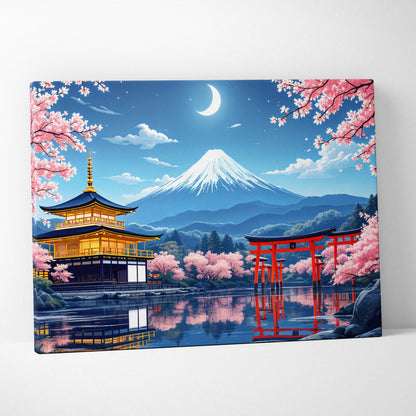 Visionary Mount Fuji pagoda, red torii, cherry blossoms in moonlit reflection canvas art