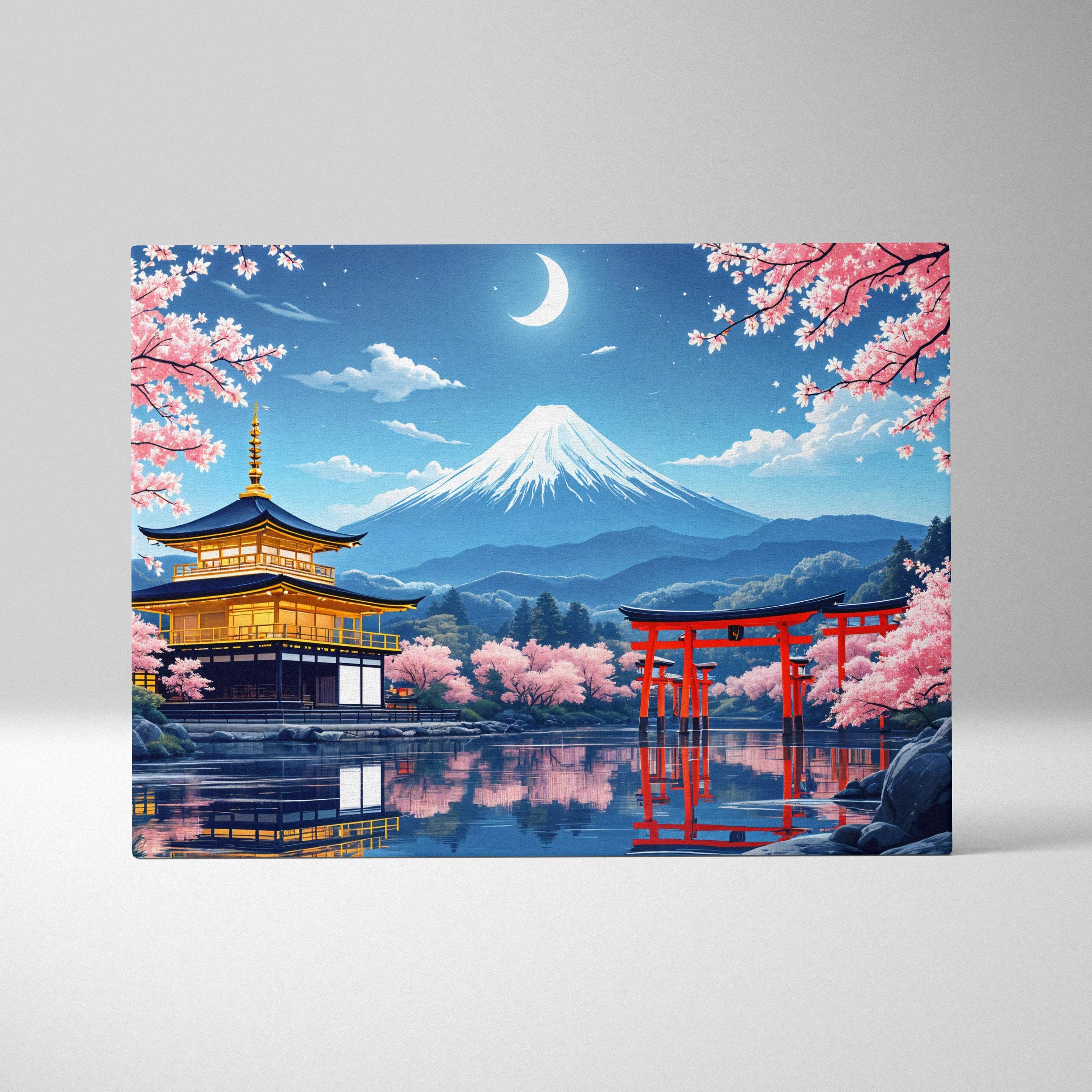 Visionary Mount Fuji pagoda and torii in moonlit cherry blossom landscape