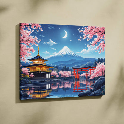 Visionary Mount Fuji pagoda torii cherry blossom moonlit canvas art
