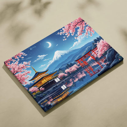 Visionary Mount Fuji cherry blossom landscape with pagoda, red torii, moonlit reflection canvas art