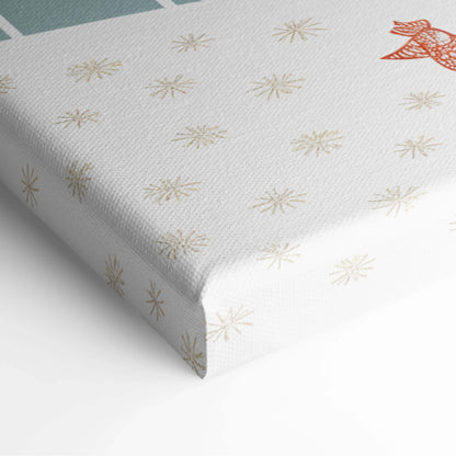 White canvas print with gold starbursts, orange fish and pastel village art