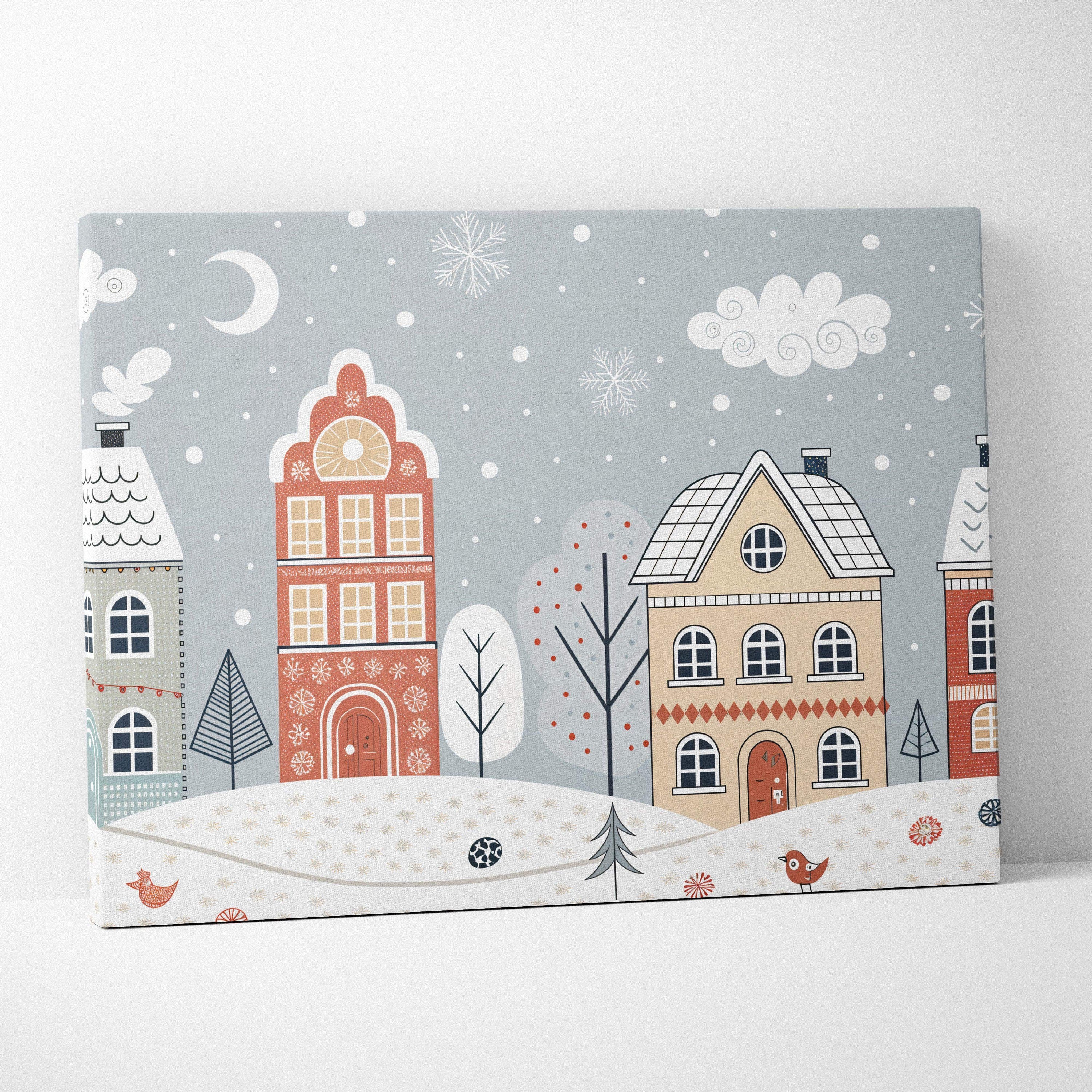 Whimsical winter village canvas wall art in pastel blues and beige tones