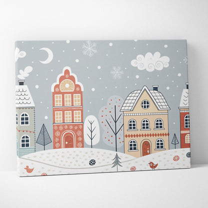 Whimsical winter village canvas wall art in pastel blues and beige tones