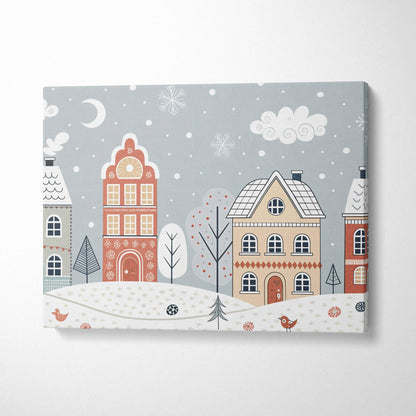 Whimsical winter village canvas wall art in soft pastel blues and warm beige tones