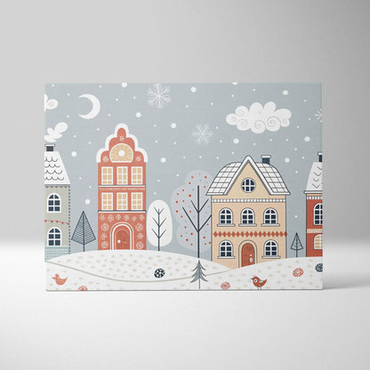 Whimsical winter village canvas wall art in soft pastel blues, warm beige tones, snow-covered houses