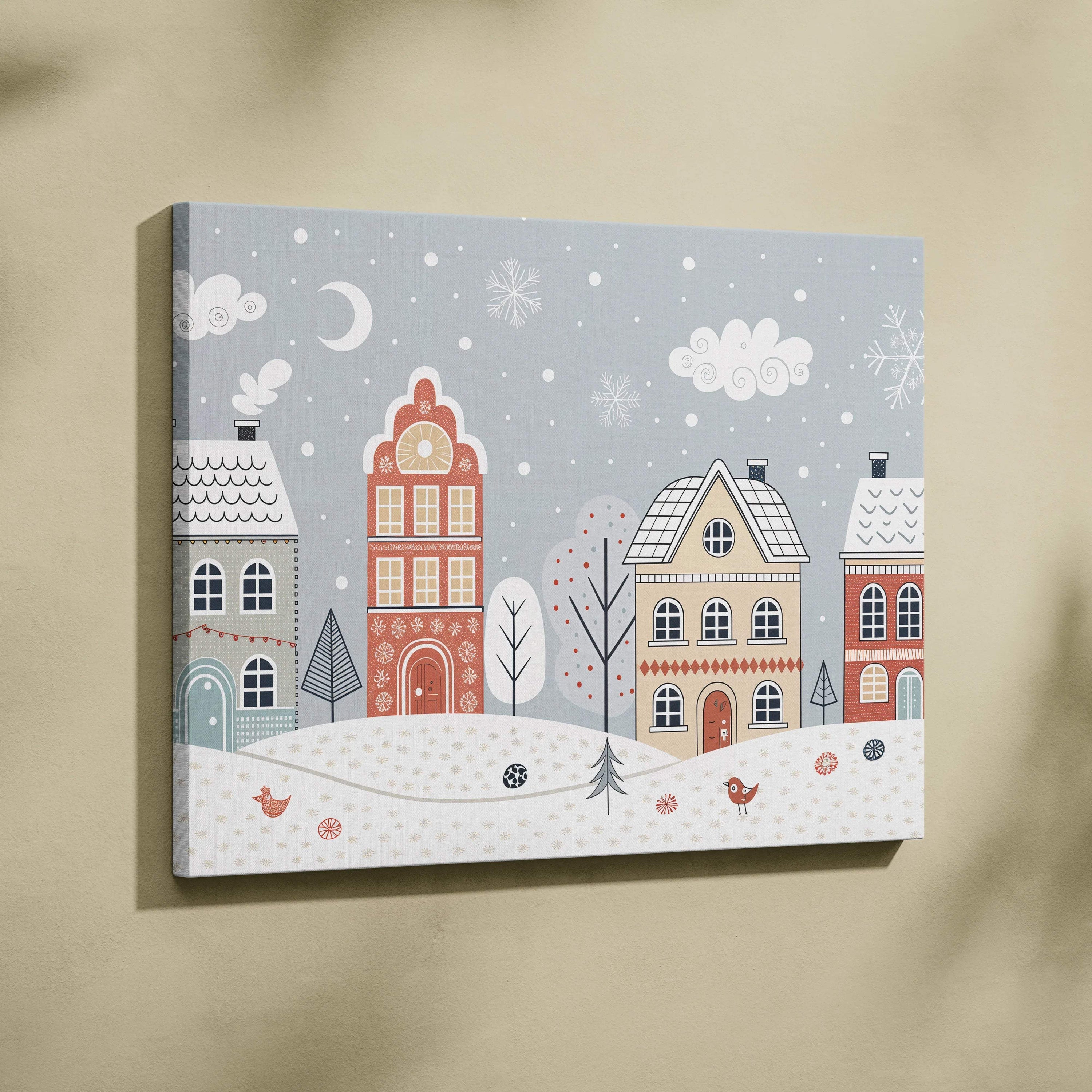 Whimsical winter village canvas wall art in pastel blues and warm beige tones