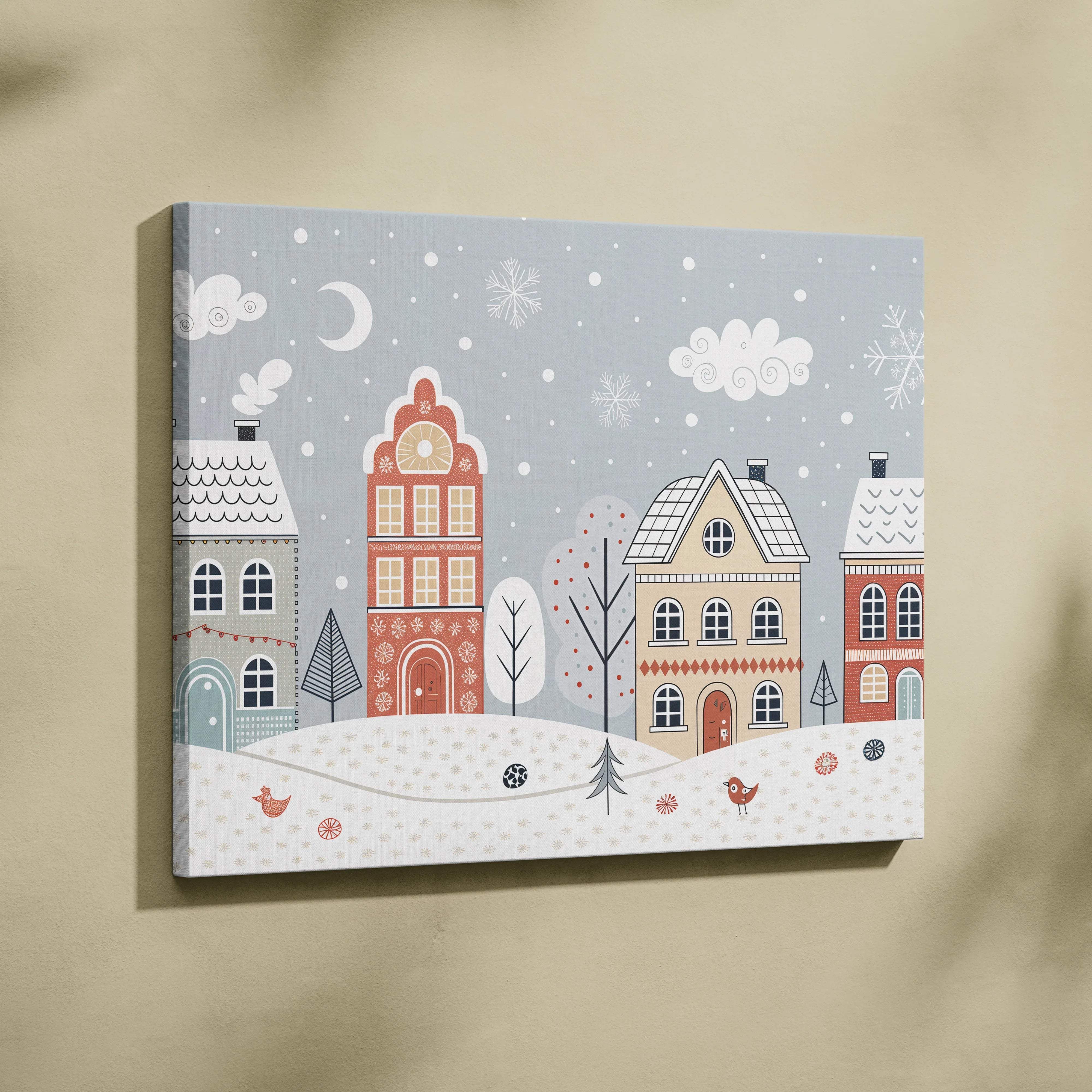 Whimsical winter village canvas wall art in pastel blues and warm beige tones
