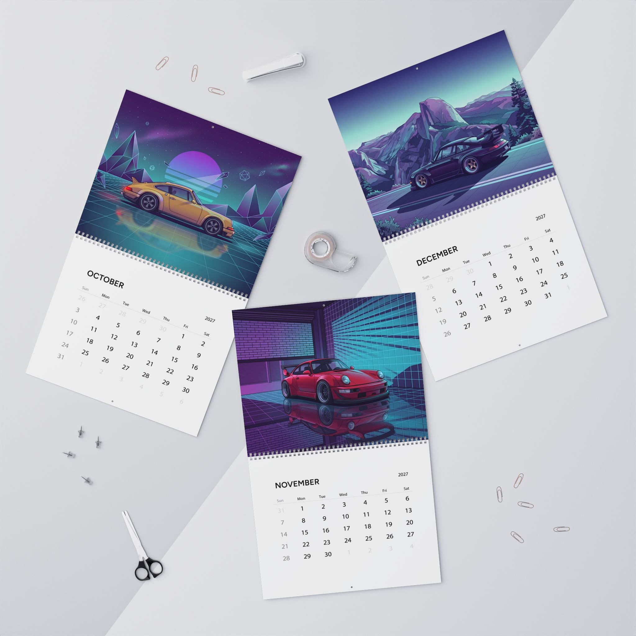 2027 Classic Porsche Inspired Vaporwave Wall Calendar – Retro Sports Car Neon Artwork Collection