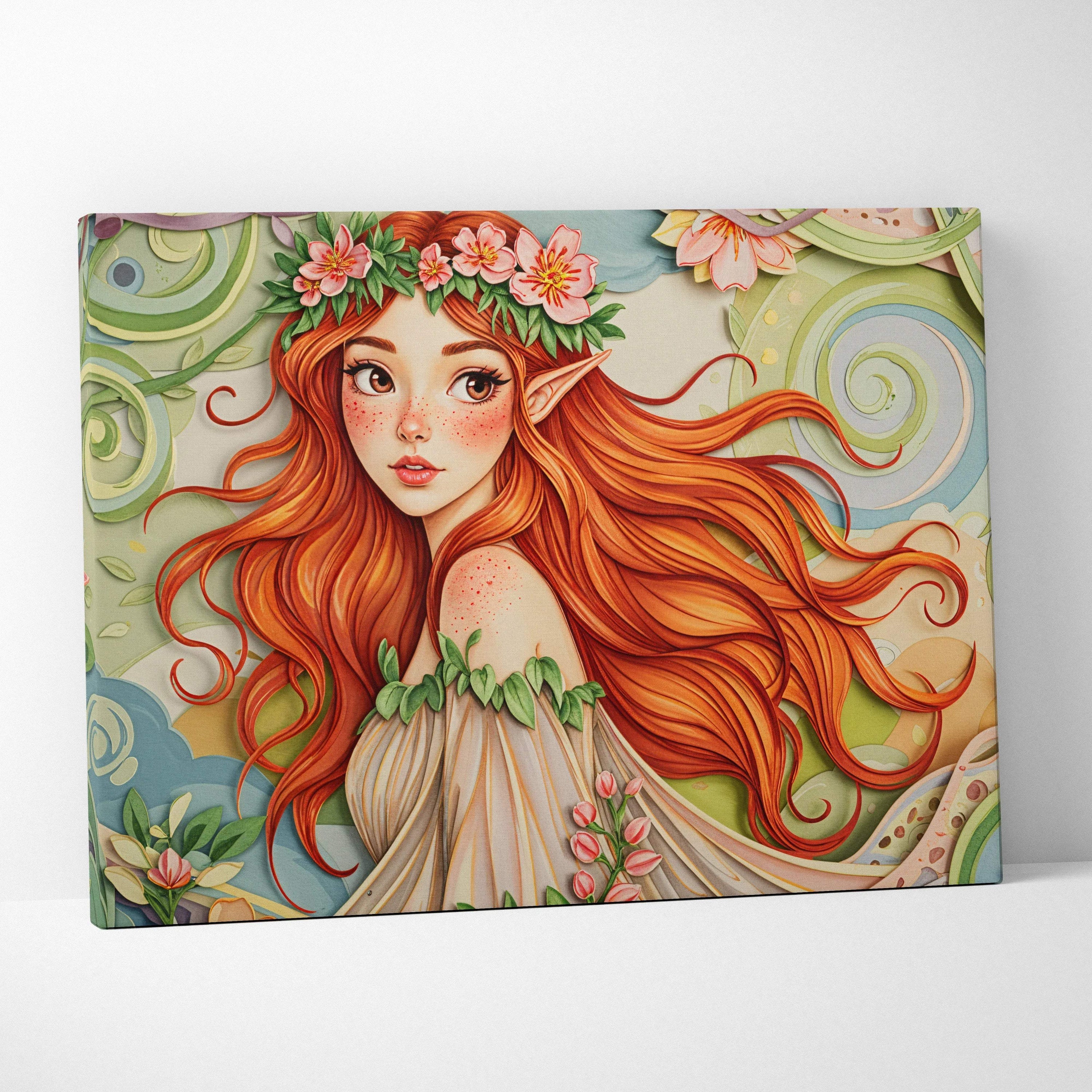 Whimsical elf girl with auburn hair and floral crown in enchanted forest canvas art