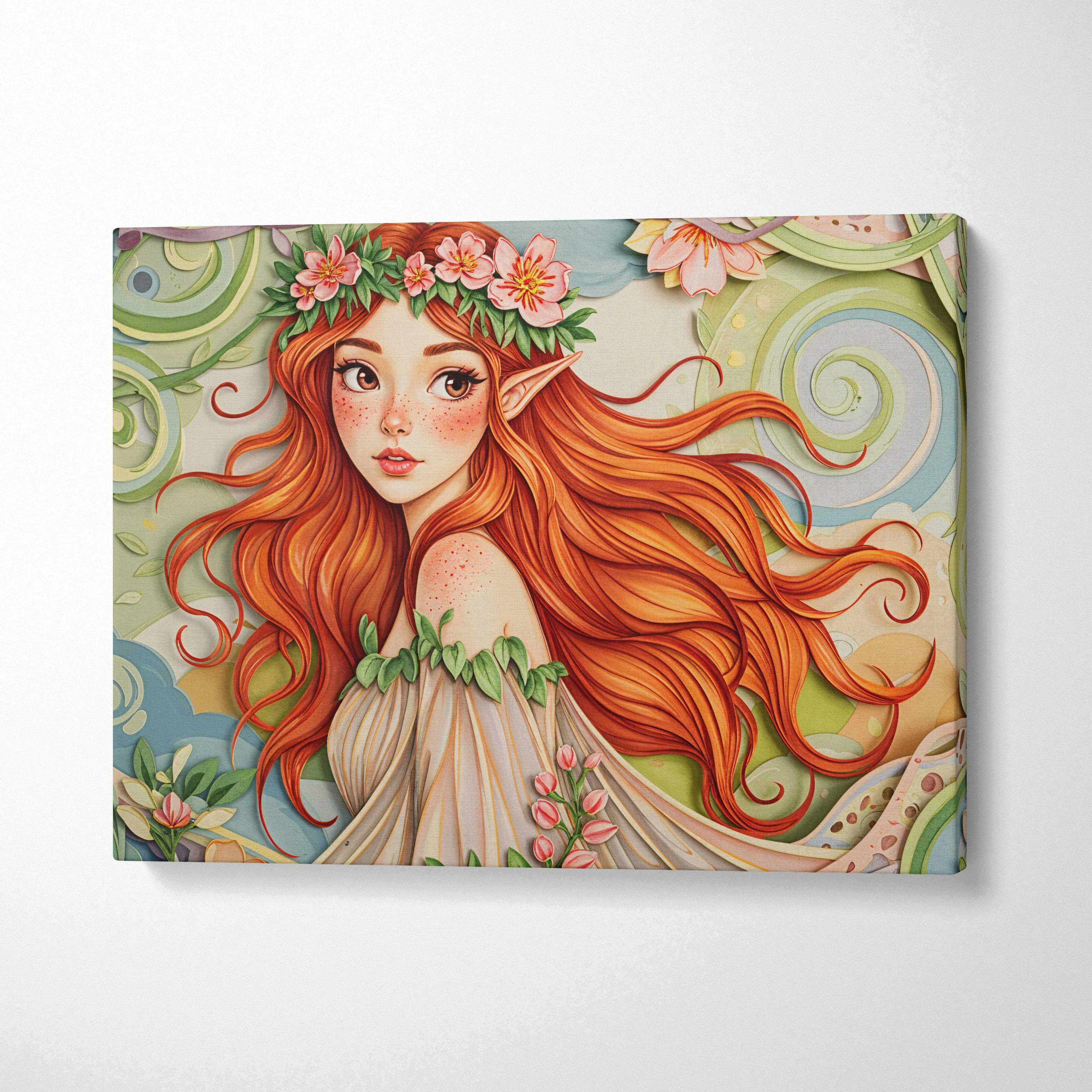 Enchanted forest fae with auburn hair and floral crown canvas wall art