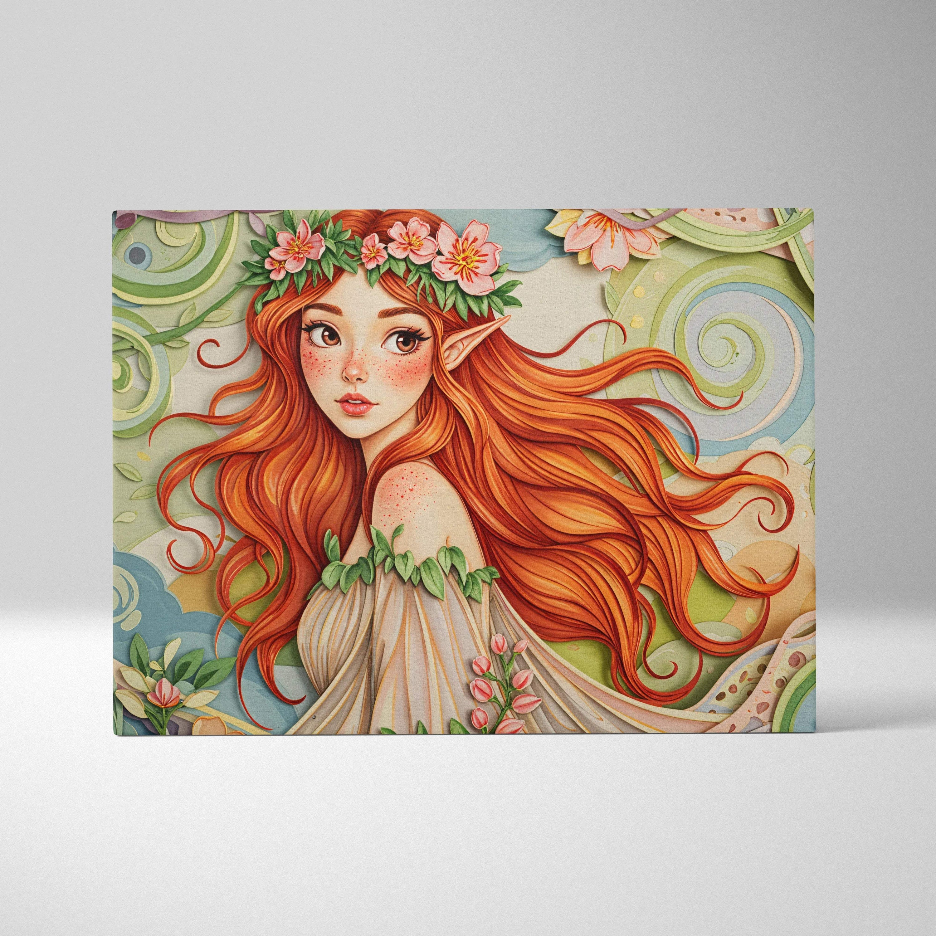 Enchanted Forest Fae canvas wall art with auburn hair floral crown
