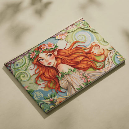 Enchanted Forest Fae with auburn hair and floral crown canvas wall art
