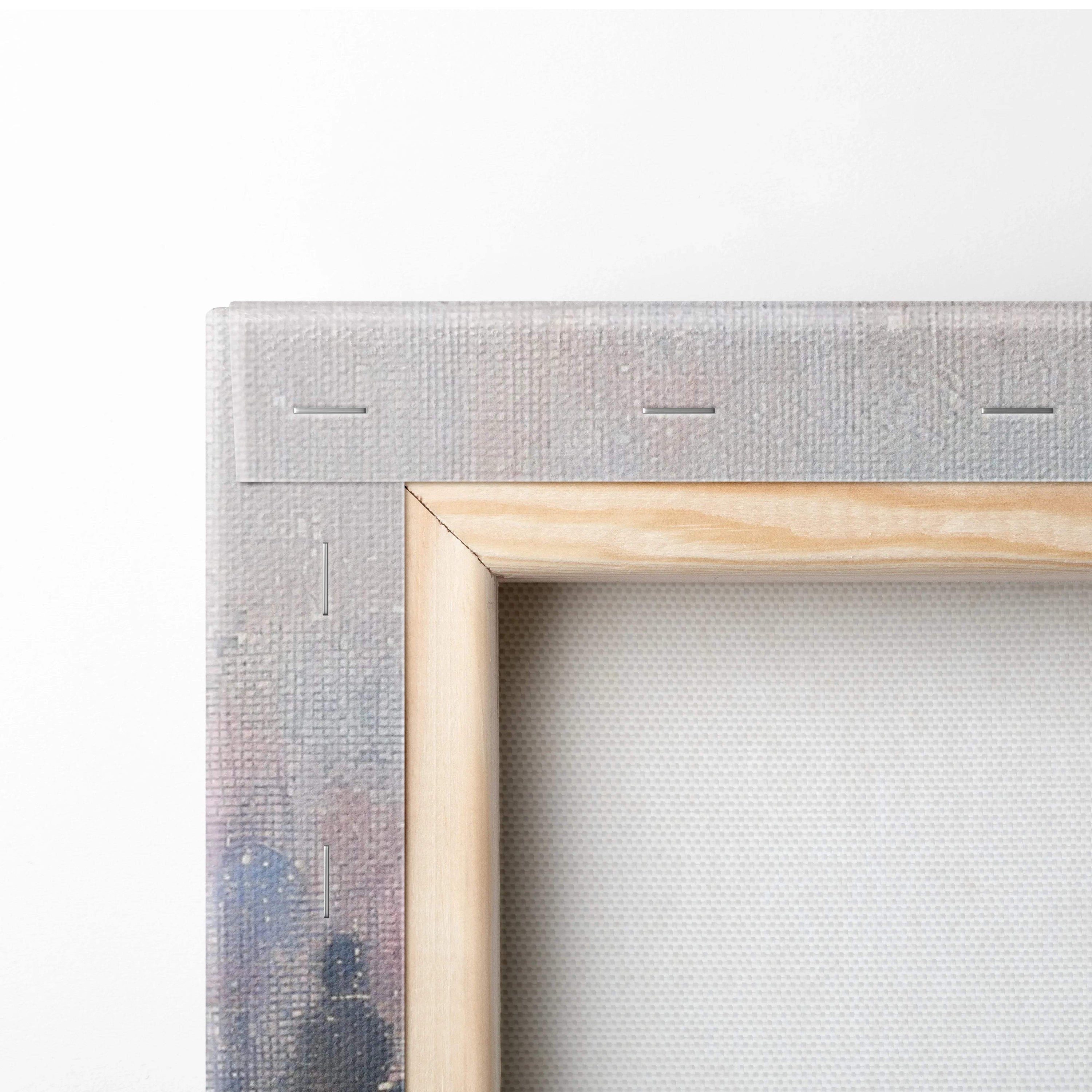 Back of Solitary Figure surreal canvas art print on light wood frame with gray textured backing