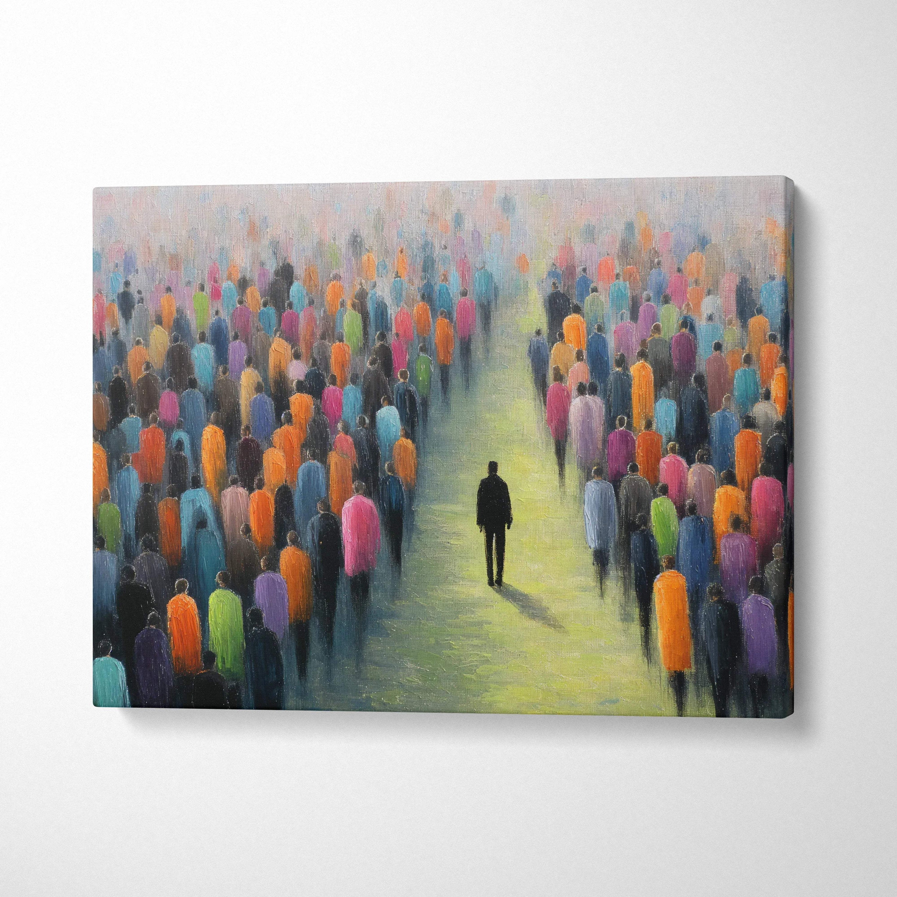 Solitary black figure walking through colorful crowd in surreal visionary canvas art print