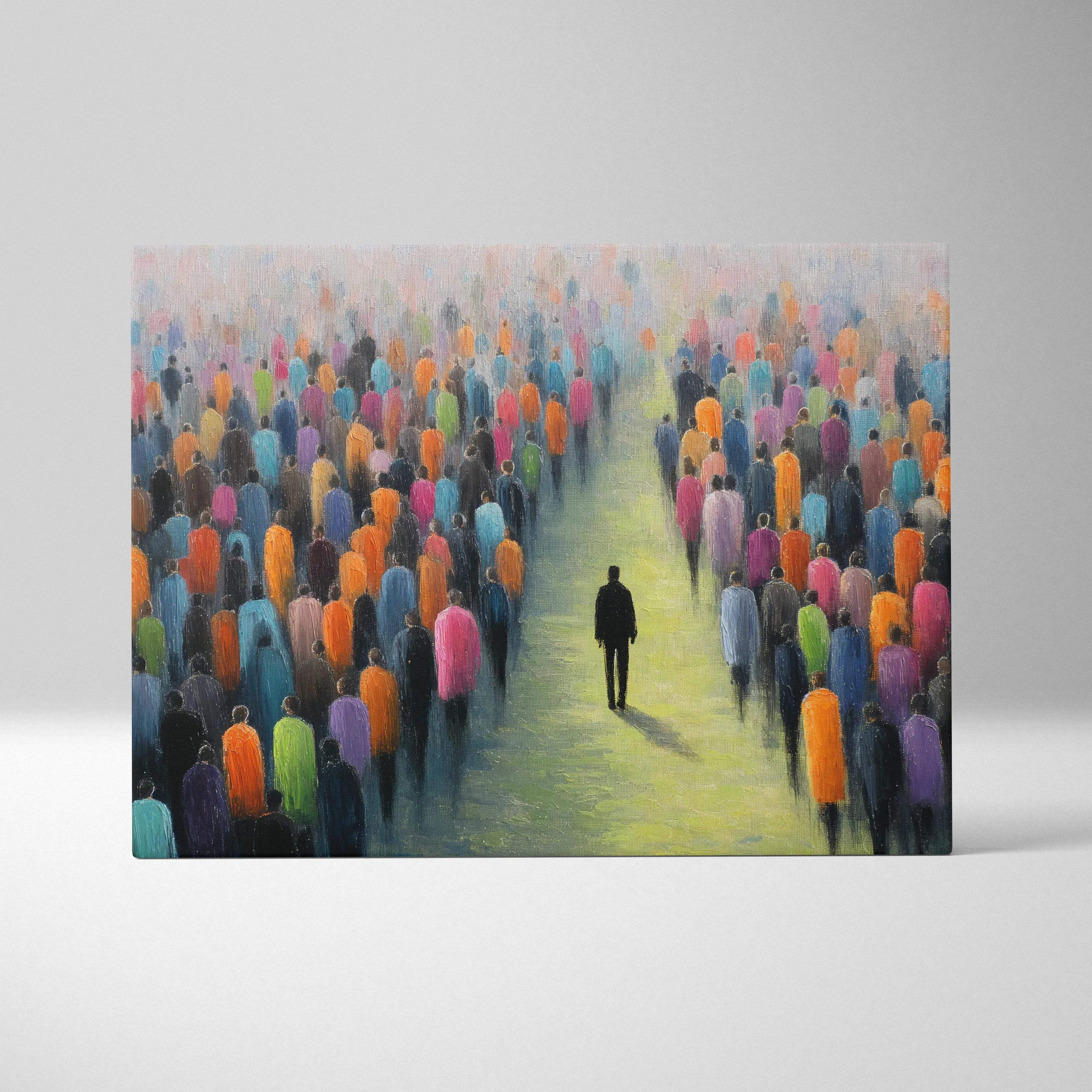 Solitary black figure walking visionary path amid colorful crowd surreal canvas art