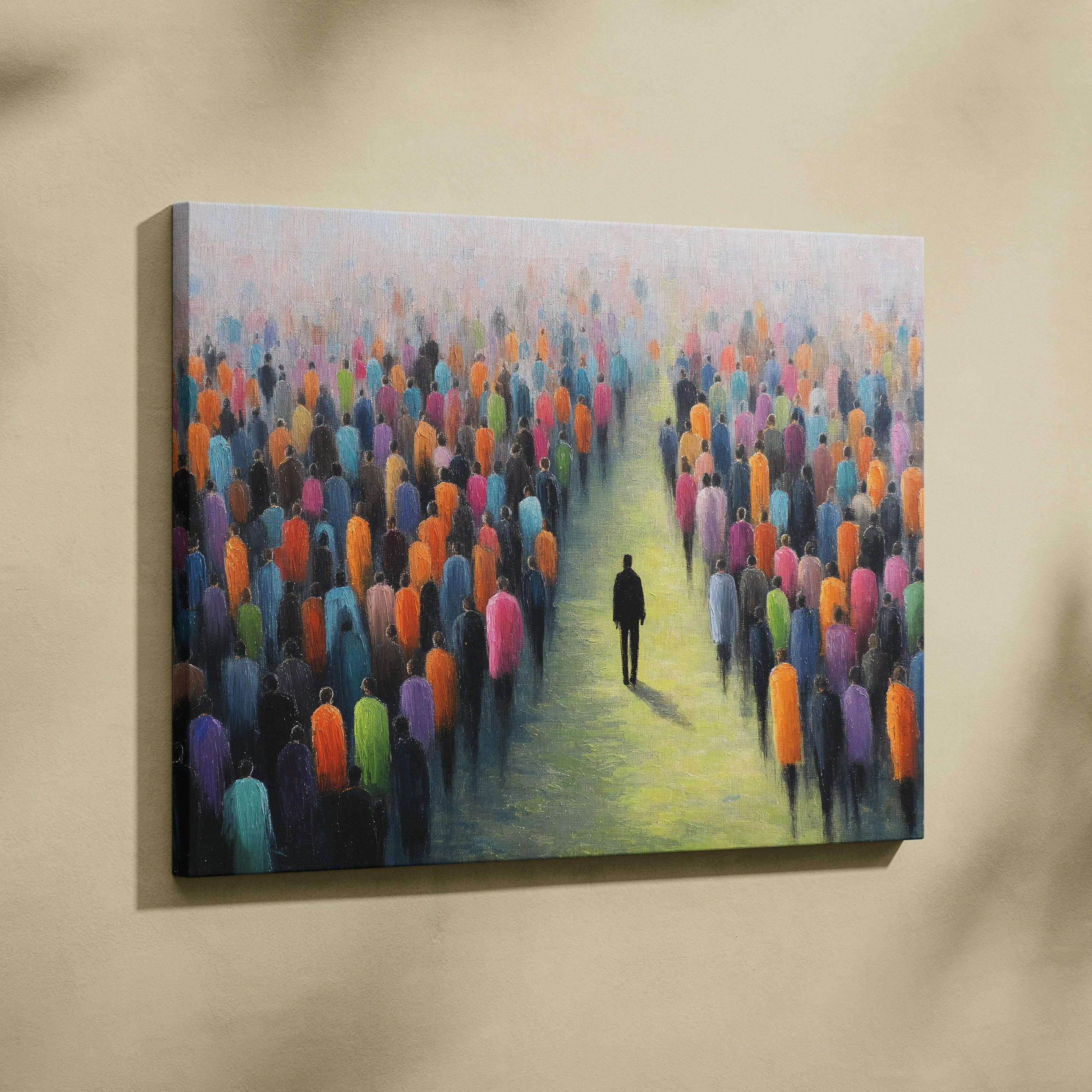 Vibrant surreal canvas art print of solitary figure walking through sea of colorful stylized people