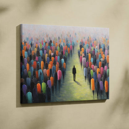 Vibrant surreal canvas art print of solitary figure walking through sea of colorful stylized people