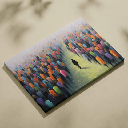 Solitary black silhouette walking through vibrant colorful crowd in surreal visionary canvas art print
