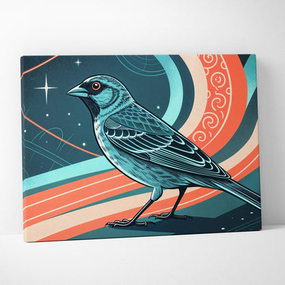 Stylized teal blue bird on cosmic ribbons of light canvas wall art