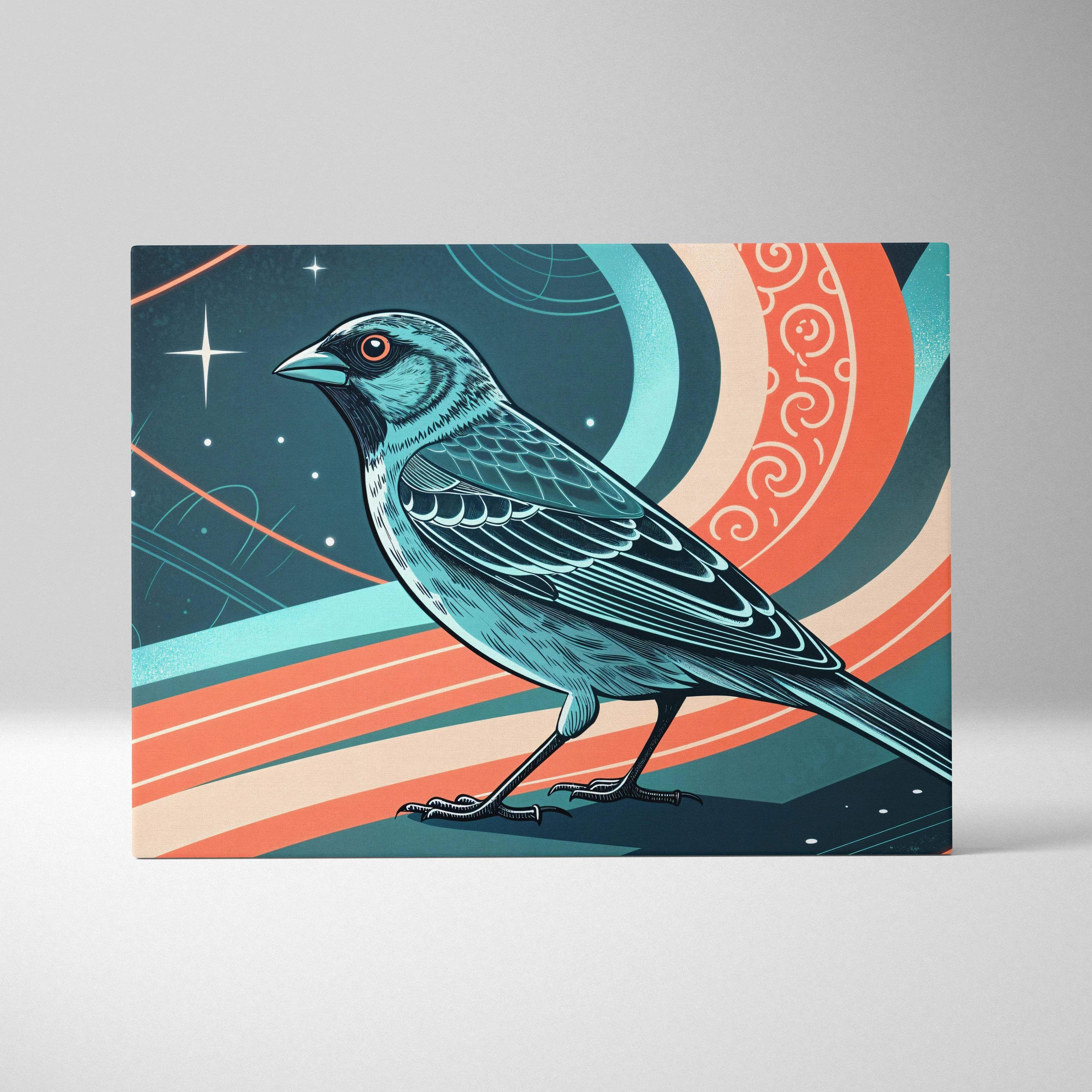 Stylized teal blue bird on cosmic ribbons of light canvas wall art