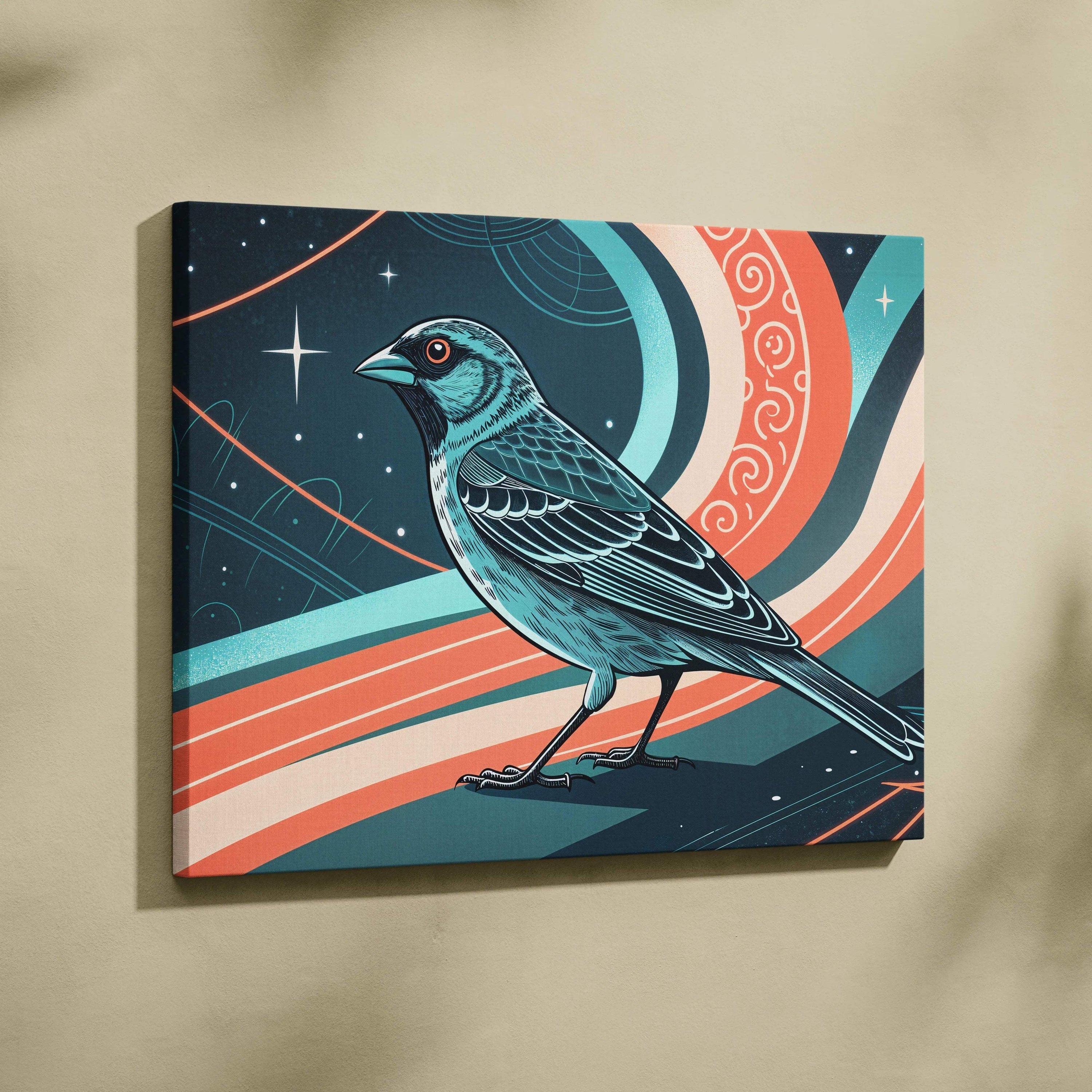 Stylized teal blue bird on cosmic orange white blue ribbons canvas art