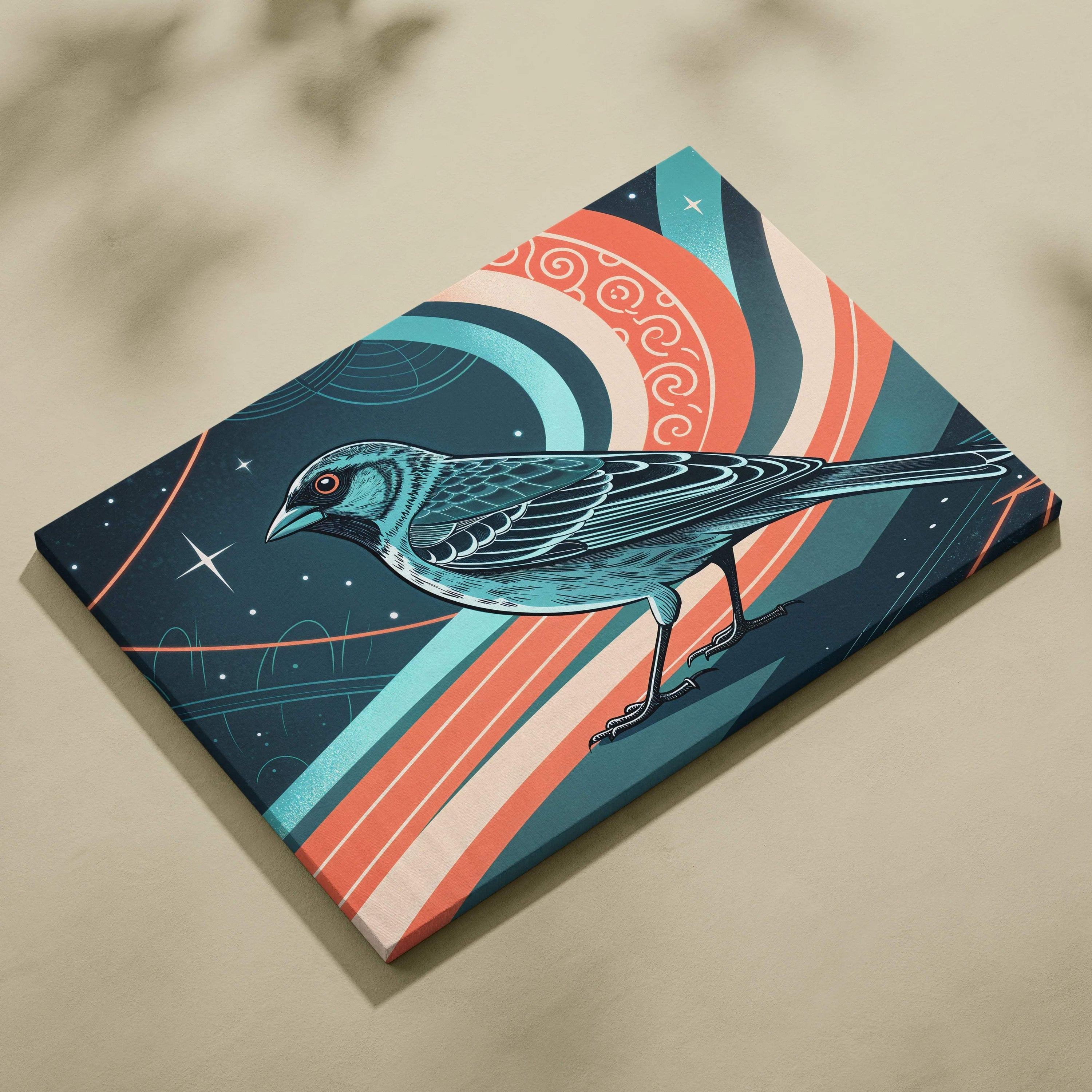 Teal blue bird on cosmic orange white blue ribbon canvas wall art