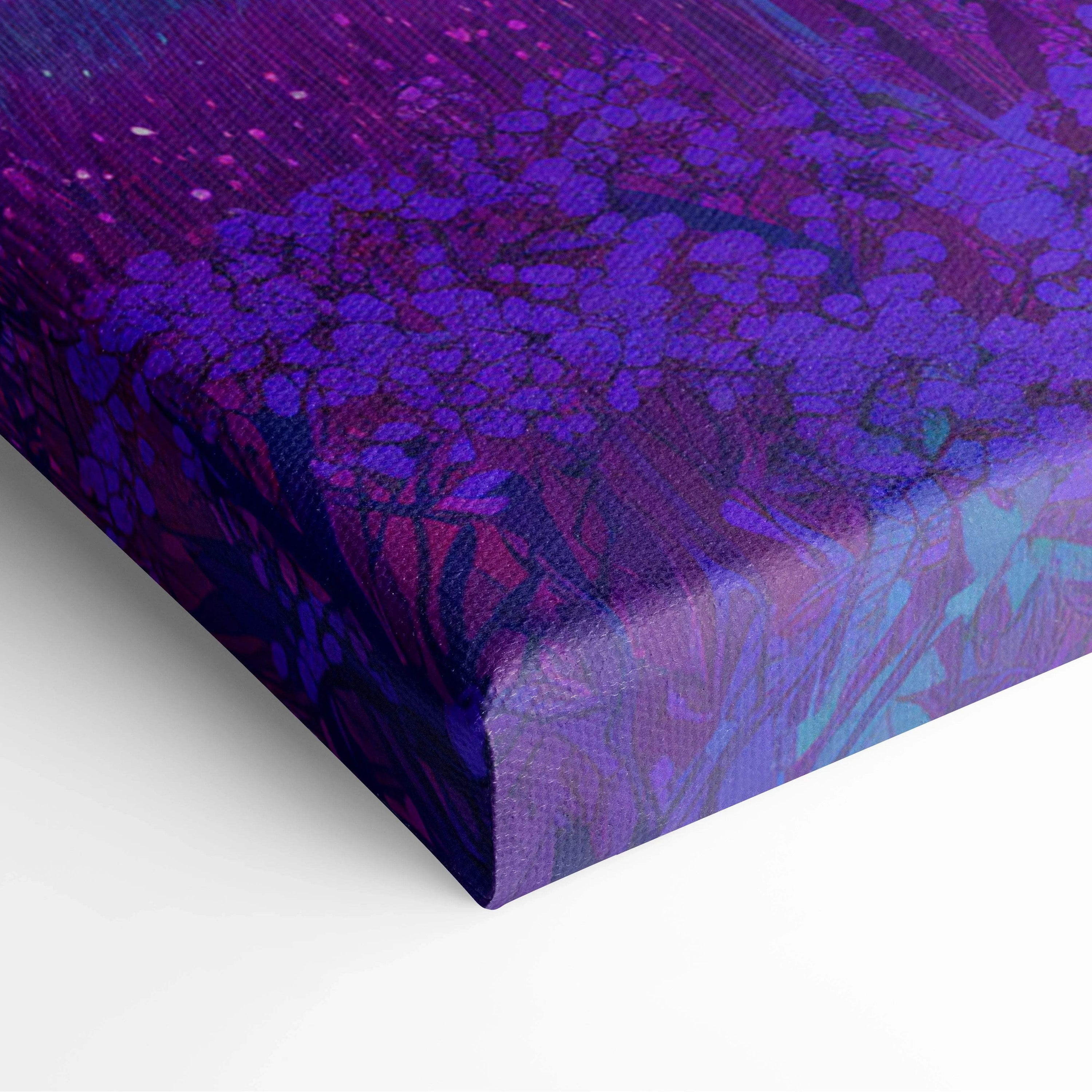 Purple blue floral textured canvas print of solitary traveler under neon alien sky