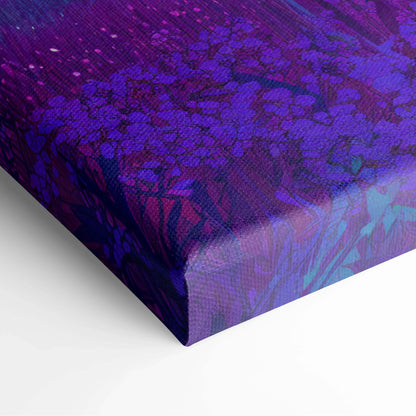 Purple blue floral textured canvas print of solitary traveler under neon alien sky