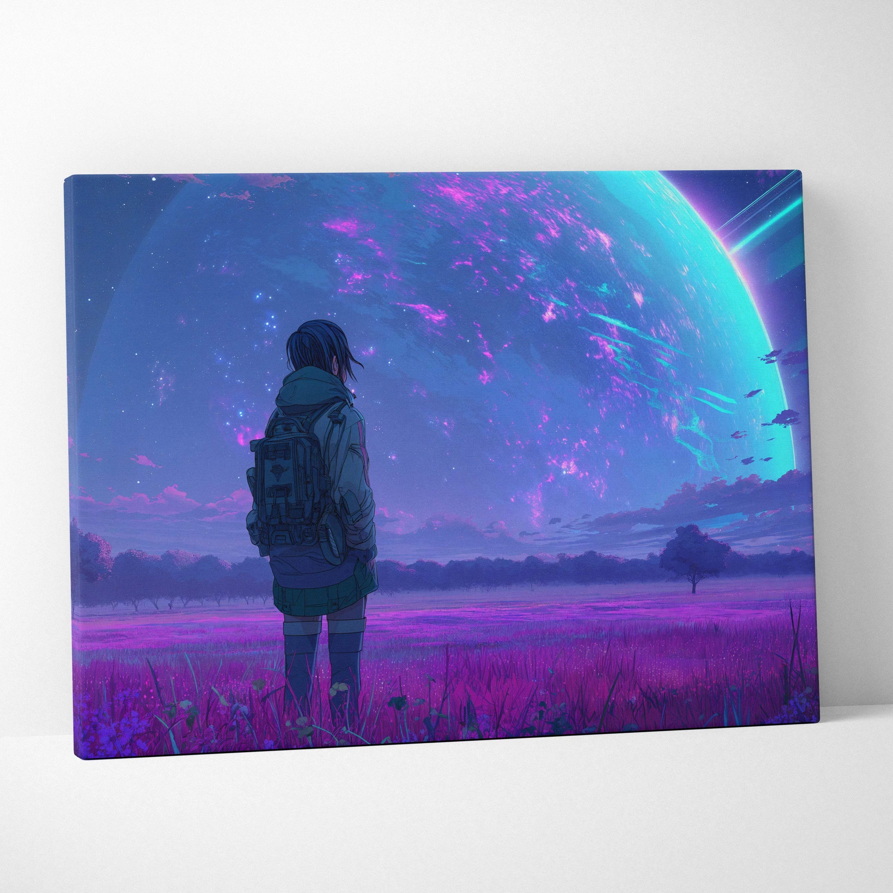 Nostalgic sci-fi canvas print of solitary traveler under neon alien sky with glowing planet